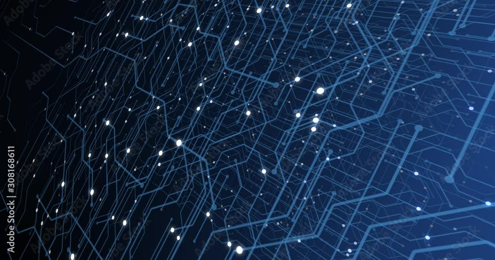Poster 4k seamless loop of print circuit technology cyber and futuristic concept. circuit board with moving