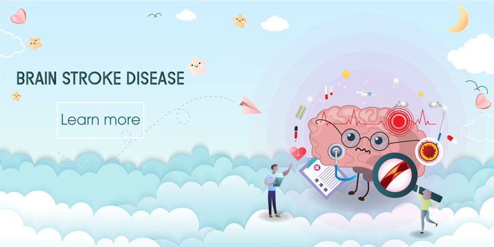 Brain stroke disease. Heart awareness concept. Atherosclerosis stages. The red epicenter of the pain of the brain, health care cartoon. Suitable For Wallpaper, Banner, Background.Vector Illustration