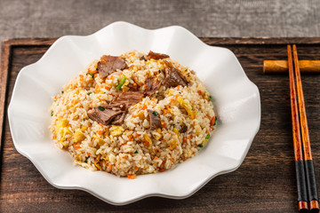 Asia Chinese China food cuisine. Authentic Yangzhou fried rice with egg, fresh prawn.