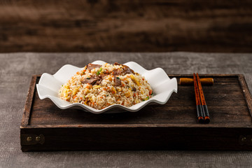 Asia Chinese China food cuisine. Authentic Yangzhou fried rice with egg, fresh prawn.