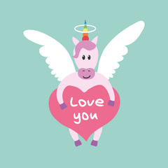 Unicorn in the form of cupid. Greeting card for St. Valentine's Day. Vector illustration.