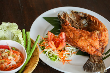Fried Snapper fish on plate with sauce