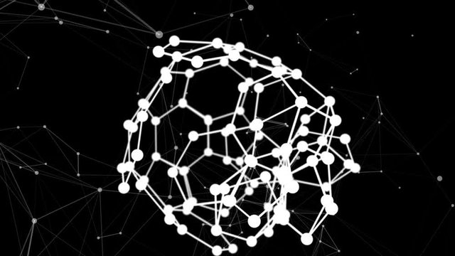 Movement of the molecular compound formed by revolving particles with plexus structure around. Abstract geometric background with lines and dots. Futuristic and technology scene. 3d animation.