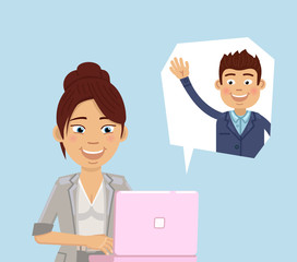 Illustration of a businesswoman sitting with laptop and chatting with a man through web camera. Flat style vector illustration