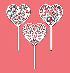 Set of the table sign toppers. Template for laser cutting, wood carving, paper cut out. Handmade silhouette for unique wedding decor. Vector heart decoration for Valentine's Day.