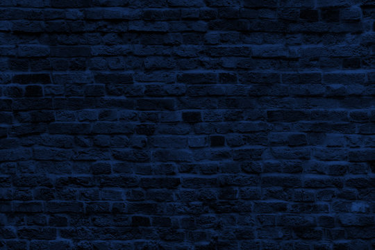 Wall Of Classic Blue Bricks In Color 2020. Navy Brick Banner For Web With Textured Blue Surface. Luxury Facade Or Face Wall In New Year Trend Color.