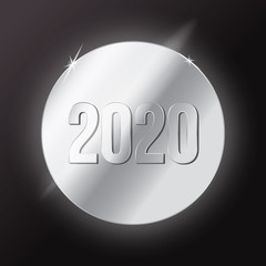 Welcome 2020 new year glowing text design banner. Chrome number text of 2020 new year. Glowing circle with particles. Shiny text number