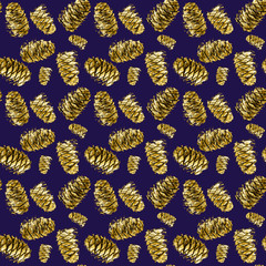 Seamless christmas pattern with golden cedar cones on lilack background.