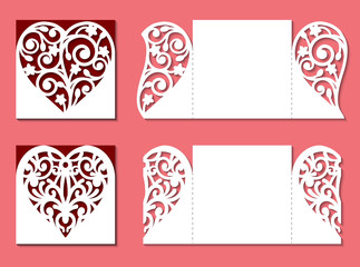 Set of gate fold invitation cards. Laser cutting template of openwork vector silhouette. Lace border at vintage style for Valentine's day. Wedding envelope with pattern on the ornate heart.