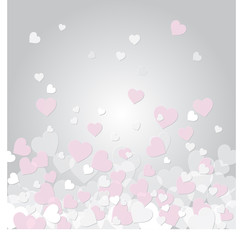 Romantic pink white and grey overlapping heart background. Abstract vector illustration for holiday design. Flying hearts on grey backdrop for wedding card, valentine's day, invitation, women's day.