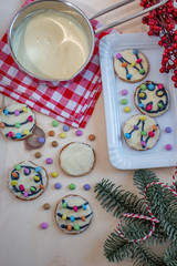 Traditional home made Christmas Lights Cookies on a festive christmas background