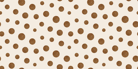 Gold dots on white background seamless pattern. Polka dot ornate. Perfect template for holiday cards, invitations, prints, scrapbooking, wrapping paper... Circles with gilter texture. Vector.