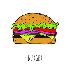 Hand-drawn isolated burger. Vector cartoon illustration. 