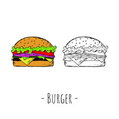 Hand-drawn isolated burger. Vector cartoon illustration. 