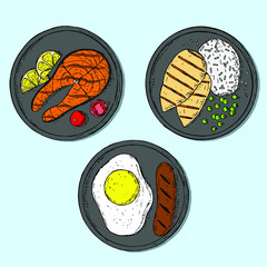 Hand-drawn isolated food plates. Vector cartoon illustrations. Top view.