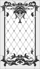 Stained-glass panel in rectangular frame, abstract floral stained glass arrangement of buds and leaves, Art Nouveau style. Glass painting, decorative design of the window or door. Vector illustration