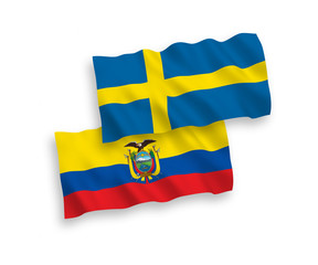 National vector fabric wave flags of Sweden and Ecuador isolated on white background. 1 to 2 proportion.
