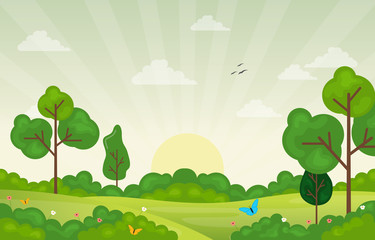 Summer Spring View in City Park Outdoor Landscape Flat Illustration