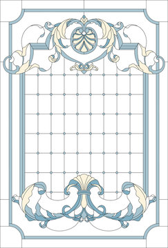 Stained-glass window decoration panel in a rectangular frame, abstract floral arrangement of buds and leaves in the baroque style