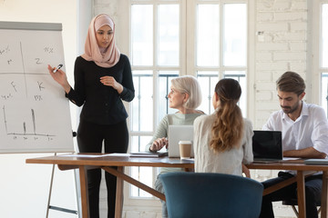 Focused arabian businesswoman coach holding workshop training.