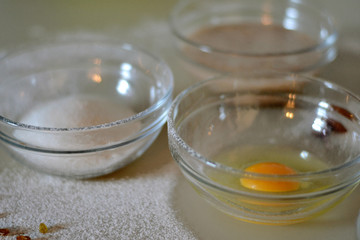 Ingredients for banana cupcakes with raisins and almonds 