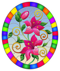 Illustration in stained glass style with flowers and leaves  of lilies on a blue background, oval image in bright frame