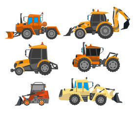 Excavator trucks and bulldozers for heavy machinery collection side view
