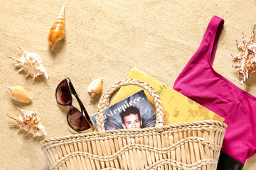 Set of beach accessories on sand