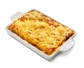 Baking dish with tasty baked lasagna on white background