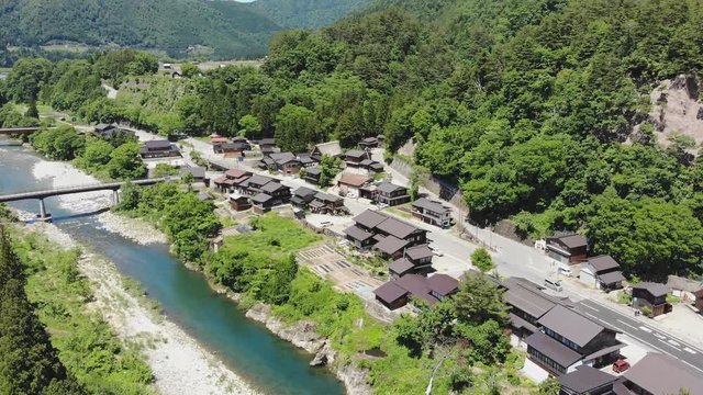 Gassho-zukuri houses in Gokayama Village. UNESCO World Heritage List due to its traditional Gassho-zukuri houses, alongside nearby Shirakawa-go in Gifu Prefecture. (aerial photography)