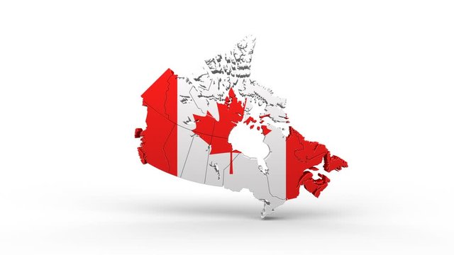 Map of Canada with flag. A quick rotation appears on a white background. Animation with Alpha Channel