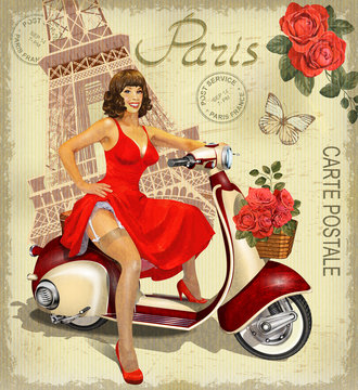 Paris vintage poster.Happy Pin-up girl on  a scooter with flowers.