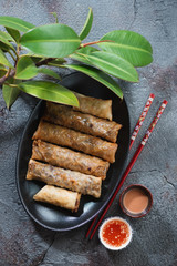 Vietnamese fried spring rolls or nems over grey cracked stone background with a ficus tree, view from above, studio shot