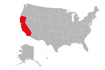 California map marked red on USA political map vector. Gray background