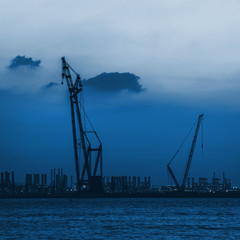 Dubai seaport outline blue toned
