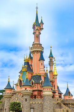 PARIS, FRANCE - AUGUST 21, 2017: Castle in the Disney park in Paris. Disneyland Paris, formerly Euro Disney Resort was opened 12 April 1992.