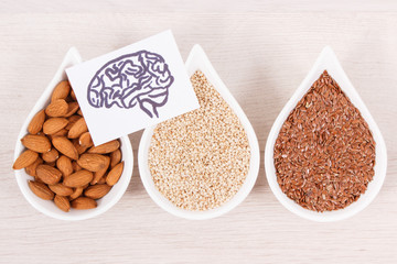 Drawing of brain and best nutritious food for health and good memory, healthy eating concept