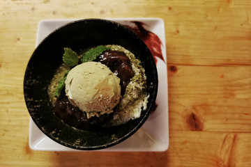 green tea ice cream and red bean bingsu