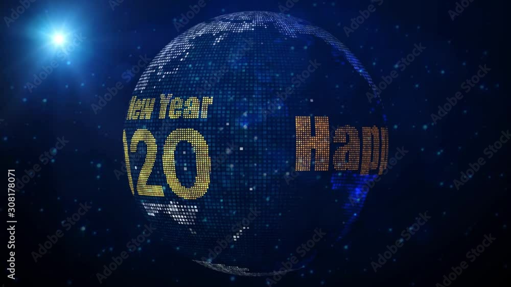 Poster rotation happy new year 2020 greeting text on square shines dotted globe earth world map against blu