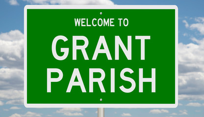 Rendering of a 3d green highway sign for Grant Parish in Louisiana