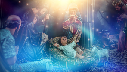 Traditional Christmas scenes and sacred light shining for use in illustration design Nativity...
