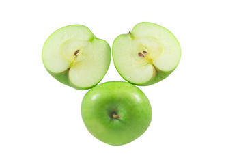 Top view of fresh green apple with slices isolated on white background with clipping path