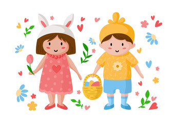 Cartoon boy and girl on Easter Day, happy kids in holiday costumes of cross and chicken with easter eggs and flowers, isolated objects on white, ideal for postcards, prints, posters - vector