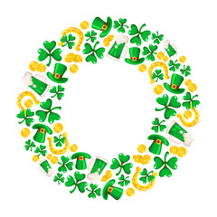 Saint Patricks Day frame - cartoon round compositon with shamrcock or clover leaves, golden coins, bowler hat, horseshoe and beer cup, traditional folk holiday symbols or festive decorations, vector