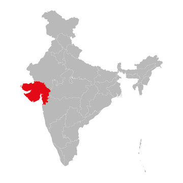 Gujarat map marked red on India political map vector illustration. Gray background