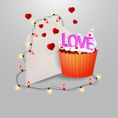 sweet cupcake with the words I love a postal envelope with flying hearts and garlands with light bulbs on a gray insulating background for the decoration of the design