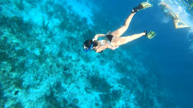 BELIZE - JANUARY 2018: Slow Motion GoPro Underwater Footage of Beautiful Young Lady Snorkeling