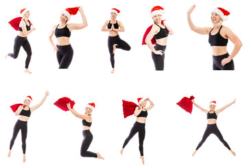 Set of images a young smiling woman in a Santa Claus hat, a red bag with gifts and in a black fitness suit. Isolated over white background. Festive mood. Collage.