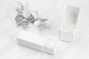 Elegant white blank open two gift boxes - square, rectangle filler mock up on wood board silver branch side view for design, branding identity, advertising.