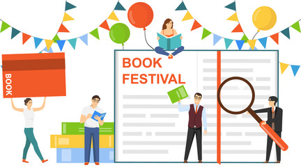 Book Festival. Group of mini characters people reading books. Vector illustration of a book festival concept with people.